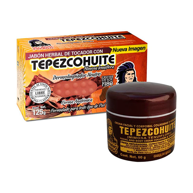 Bundle DEL INDIO PAPAGO Tepezcohuite Night Facial Cream 60 gr / 2.02 Fl Oz + Neutral soap with Tepezcohuite 125 gr - Mexican Beauty - For All Skin Types - Nourishes - Softens - Paraben Free