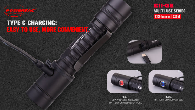 PowerTac E11-G2 1300 Lumen Type-C Charging Flashlight - Powerful Illumination for Everyday Carry and Outdoor Adventures