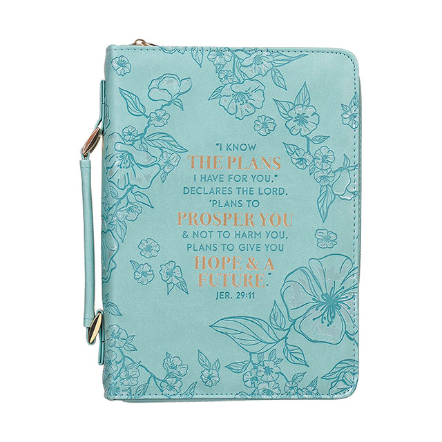 Christian Art Gifts Faux Leather Fashion Bible Cover: I Know The Plans I Have for You - Jeremiah 29:11 Inspirational Bible Verse, Debossed Floral Teal Design, Large