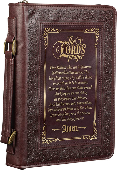 Christian Art Gifts Classic Bible & Book Cover for Men & Women: The Lord's Prayer - Matthew 6:9-13 Sturdy Inspirational Scripture Carry Case Accessory w/Pockets, Walnut Brown & Burgundy w/Gold, Large