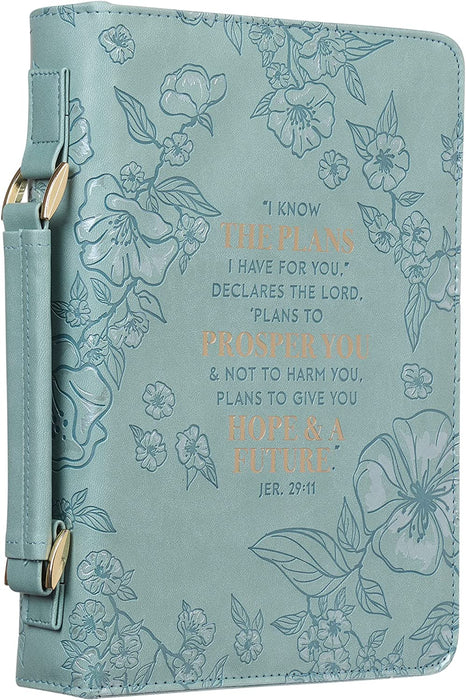 Christian Art Gifts Faux Leather Fashion Bible Cover: I Know The Plans I Have for You - Jeremiah 29:11 Inspirational Bible Verse, Debossed Floral Teal Design, Large