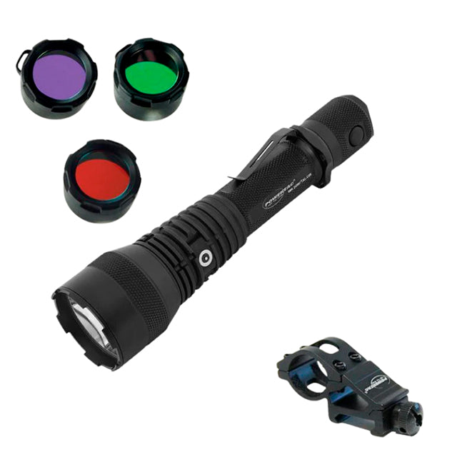 PowerTac Huntsman XLT 1200 Lumen Weapon Package with Off-Set Mount and Red, Blue, Green Color Filters - Ultimate Varmint Hunting Kit