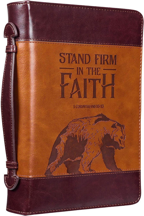 Christian Art Gifts Men's Classic Bible Cover Stand Firm in Faith Bear 1 Corinthians 16:13, Brown Faux Leather, Large