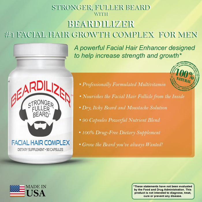 Beardilizer ® - #1 Facial Hair and Beard Growth Complex for Men - 90 Capsules Powerful Nutrients Blend